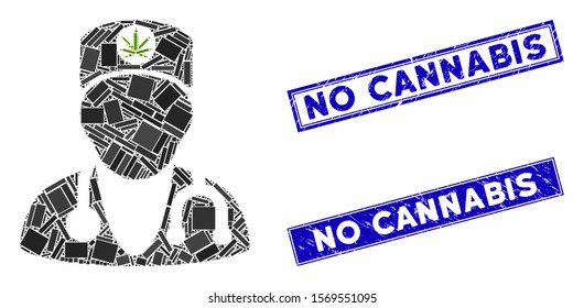 Mosaic marijuana doctor icon and rectangular watermarks. Flat vector marijuana doctor mosaic icon of randomized rotated rectangular elements. Blue caption watermarks with scratched textures.