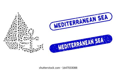 Mosaic marine and grunge stamp seals with Mediterranean Sea phrase. Mosaic vector marine is formed with random elliptic dots. Mediterranean Sea stamp seals use blue color,