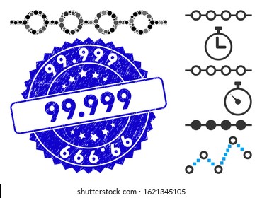 Mosaic marked line icon and distressed stamp seal with 99.999 phrase. Mosaic vector is designed with marked line icon and with random round elements. 99.999 stamp seal uses blue color,