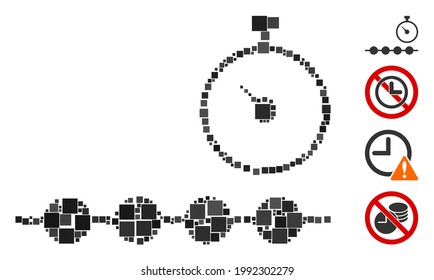 Icono de línea de tiempo marcado con mosaico diseñado a partir de elementos cuadrados en tamaños aleatorios y tonos de color. Los elementos cuadrados vectoriales se agrupan en un mosaico abstracto marcado como icono de línea de tiempo. Se colocan los iconos de bonificación.