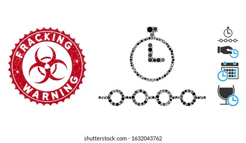 Mosaic marked timeline icon and corroded stamp watermark with Fracking Warning text and biohazard symbol. Mosaic vector is created with marked timeline icon and with random spheric spots.