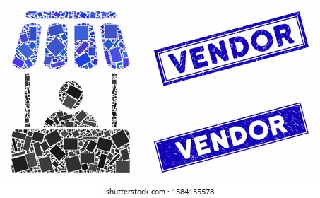 Mosaic Market Booth Icon And Rectangular Vendor Stamps. Flat Vector Market Booth Mosaic Pictogram Of Random Rotated Rectangular Items. Blue Vendor Stamps With Corroded Textures.