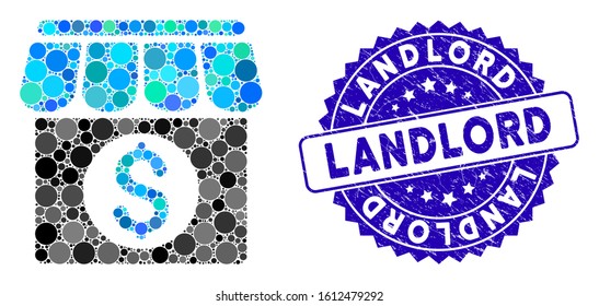 Mosaic market building icon and rubber stamp seal with Landlord caption. Mosaic vector is created with market building icon and with scattered round items. Landlord stamp seal uses blue color,