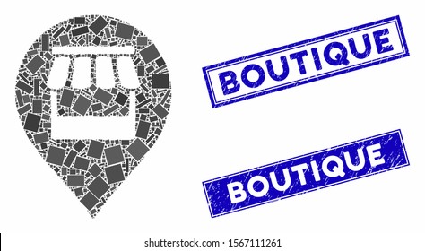 Mosaic market marker pictogram and rectangular rubber prints. Flat vector market marker mosaic pictogram of randomized rotated rectangular elements. Blue caption rubber seals with corroded surface.