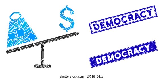 Mosaic market price swing icon and rectangular Democracy seal stamps. Flat vector market price swing mosaic icon of random rotated rectangular elements.