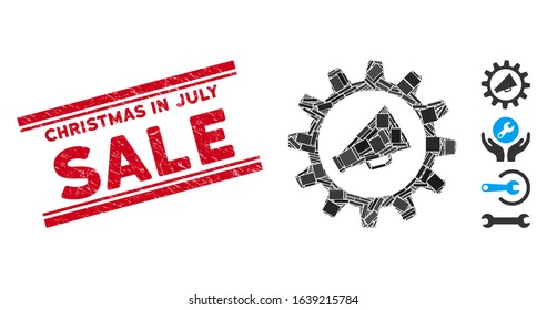 Mosaic marketing automation pictogram and red Christmas in July Sale stamp between double parallel lines. Flat vector marketing automation mosaic pictogram of randomized rotated rectangular elements.
