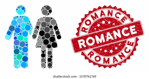 Mosaic married couple and corroded stamp seal with Romance phrase. Mosaic vector is created with married couple icon and with randomized circle spots. Romance stamp seal uses red color,