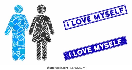 Mosaic married couple icon and rectangle I Love Myself seals. Flat vector married couple mosaic icon of scattered rotated rectangle items. Blue I Love Myself rubber stamps with rubber surface.
