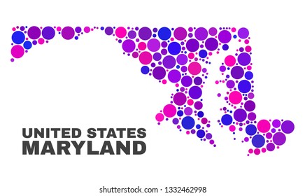 Mosaic Maryland State map isolated on a white background. Vector geographic abstraction in pink and violet colors. Mosaic of Maryland State map combined of scattered round elements.