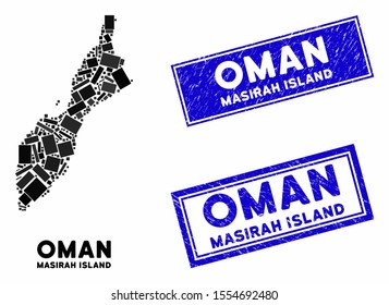 Mosaic Masirah Island map and rectangle rubber prints. Flat vector Masirah Island map mosaic of randomized rotated rectangle items. Blue caption rubber stamps with grunged texture.