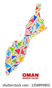 Mosaic Masirah Island map of triangles in bright colors isolated on a white background. Triangular collage in shape of Masirah Island map. Abstract design for patriotic purposes.