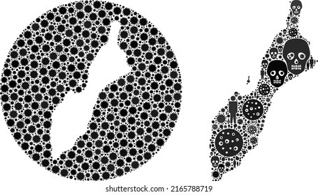 Mosaic Masirah Island map united from covid virus icons and humans and skull icons. Pandemic virus Masirah Island map collage created with circle and subtracted space.