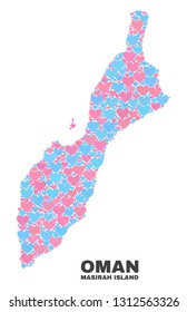 Mosaic Masirah Island map of valentine hearts in pink and blue colors isolated on a white background. Lovely heart collage in shape of Masirah Island map. Abstract design for Valentine decoration.