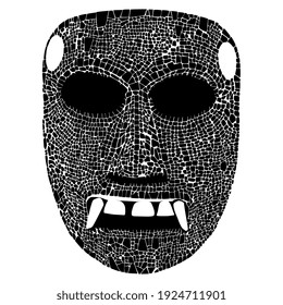 Mosaic mask of Mixtec Indians. Pre Columbian Native American Mexican art. Black and white silhouette. Cracked human face with fangs. 