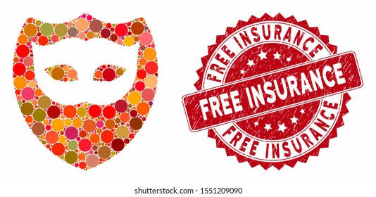 Mosaic mask shield and rubber stamp watermark with Free Insurance caption. Mosaic vector is created with mask shield icon and with random spheric spots. Free Insurance stamp uses red color,