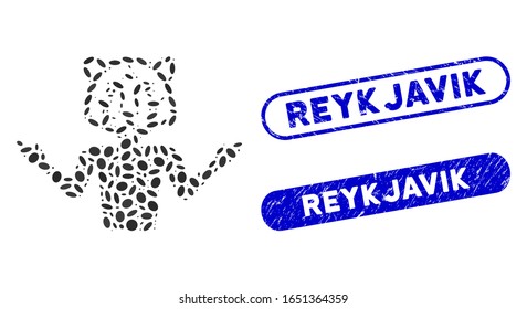 Mosaic masquerade and corroded stamp watermarks with Reykjavik caption. Mosaic vector masquerade is formed with randomized elliptic elements. Reykjavik stamp seals use blue color,