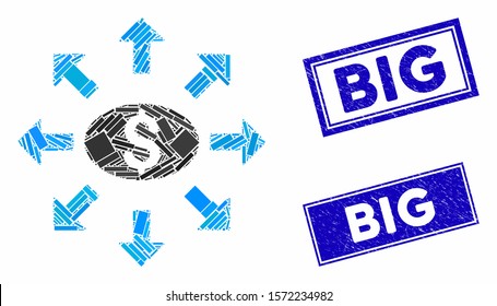 Mosaic mass cashout icon and rectangular Big seal stamps. Flat vector mass cashout mosaic pictogram of randomized rotated rectangular items. Blue Big stamps with distress texture.