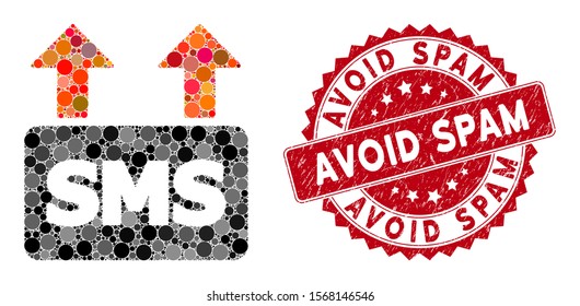 Mosaic mass SMS sending and corroded stamp watermark with Avoid Spam phrase. Mosaic vector is formed with mass SMS sending icon and with scattered round items. Avoid Spam stamp seal uses red color,