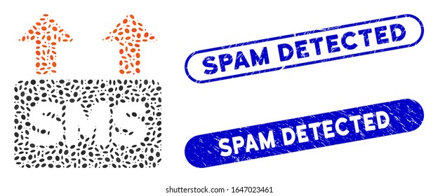 Mensajes SMS masivos mosaicos de envío y sellos de sellos corroídos con la leyenda Spam Detectada. El envío de SMS de masa vectorial mosaico se compone de elementos elípticos aleatorios. Spam Los sellos de sellos detectados utilizan color azul,