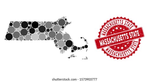 Mosaic Massachusetts State map and round seal stamp. Flat vector Massachusetts State map mosaic of randomized round items. Red stamp with distress texture.