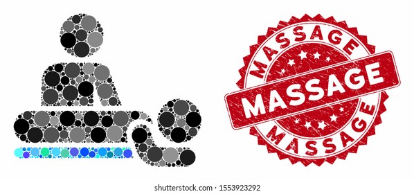 Mosaic massage and grunge stamp seal with Massage phrase. Mosaic vector is designed with massage icon and with randomized spheric spots. Massage seal uses red color, and grunge design.