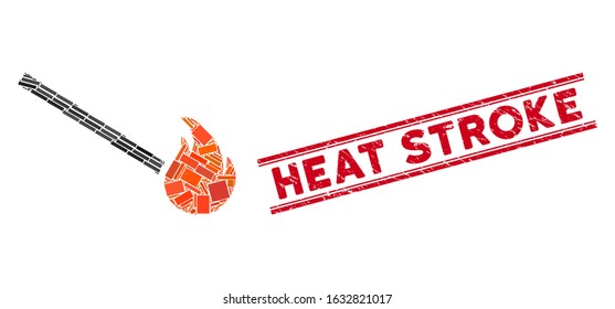 Mosaic match fire icon and red Heat Stroke stamp between double parallel lines. Flat vector match fire mosaic icon of random rotated rectangular items. Red Heat Stroke stamp with scratched surface.