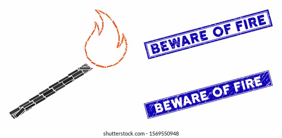 Mosaic match fire pictogram and rectangular rubber prints. Flat vector match fire mosaic pictogram of random rotated rectangular elements. Blue caption rubber seals with grunge texture.