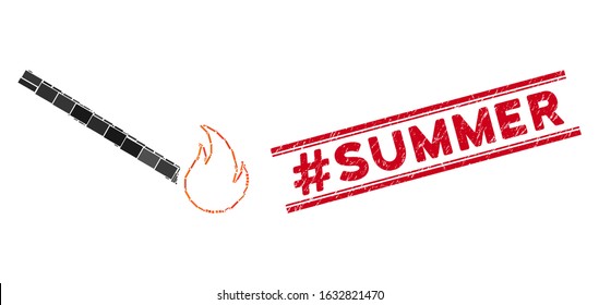 Mosaic match flame pictogram and red #Summer seal between double parallel lines. Flat vector match flame mosaic pictogram of scattered rotated rectangular items.