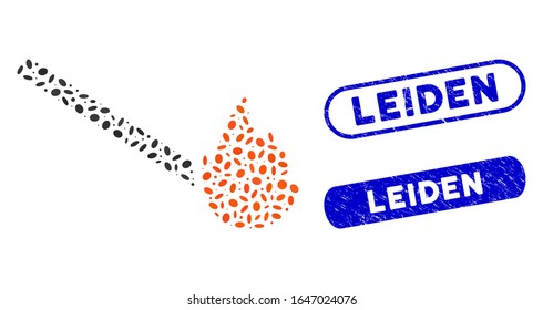 Mosaic match flame and rubber stamp seals with Leiden caption. Mosaic vector match flame is formed with randomized elliptic dots. Leiden stamp seals use blue color, and have round rectangle shape.