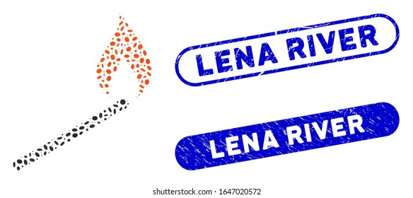 Mezcla mosaico con la llave de contacto y sellos de goma con la frase del río Lena. La ignición de la partida de los vectores mosaicos se compone de puntos de elipse dispersos. Los sellos de sello del río Lena utilizan color azul,