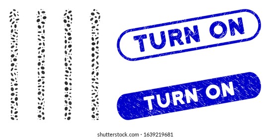 Mosaic matches and distressed stamp seals with Turn On caption. Mosaic vector matches is designed with scattered oval dots. Turn On stamp seals use blue color, and have round rectangle shape.
