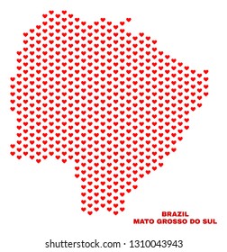 Mosaic Mato Grosso do Sul State map of valentine hearts in red color isolated on a white background. Regular red heart pattern in shape of Mato Grosso do Sul State map.