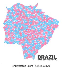 Mosaic Mato Grosso do Sul State map of lovely hearts in pink and blue colors isolated on a white background. Lovely heart collage in shape of Mato Grosso do Sul State map.