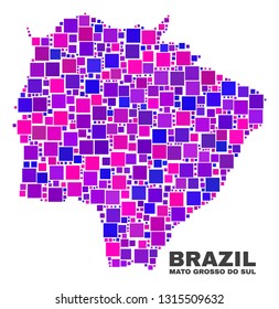 Mosaic Mato Grosso do Sul State map isolated on a white background. Vector geographic abstraction in pink and violet colors. Mosaic of Mato Grosso do Sul State map combined of random square items.