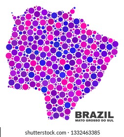 Mosaic Mato Grosso do Sul State map isolated on a white background. Vector geographic abstraction in pink and violet colors. Mosaic of Mato Grosso do Sul State map combined of random spheric items.