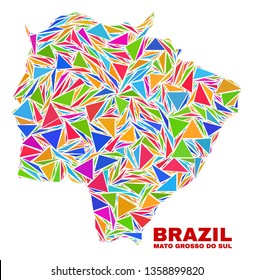 Mosaic Mato Grosso do Sul State map of triangles in bright colors isolated on a white background. Triangular collage in shape of Mato Grosso do Sul State map. Abstract design for patriotic decoration.