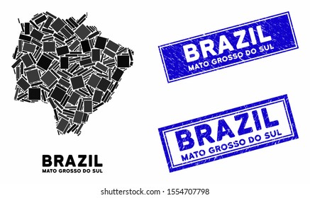 Mosaic Mato Grosso do Sul State map and rectangular seal stamps. Flat vector Mato Grosso do Sul State map mosaic of scattered rotated rectangular items. Blue caption seal stamps with distress surface.