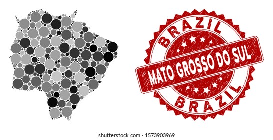 Mosaic Mato Grosso do Sul State map and circle seal stamp. Flat vector Mato Grosso do Sul State map mosaic of random circle items. Red stamp imprint with rubber surface.