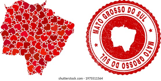 Mosaic Mato Grosso do Sul State map designed from red love hearts, and textured seal. Vector lovely round red rubber seal stamp imprint with Mato Grosso do Sul State map inside.