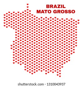 Mosaic Mato Grosso State map of love hearts in red color isolated on a white background. Regular red heart pattern in shape of Mato Grosso State map. Abstract design for Valentine illustrations.