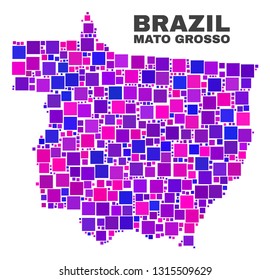 Mosaic Mato Grosso State map isolated on a white background. Vector geographic abstraction in pink and violet colors. Mosaic of Mato Grosso State map combined of scattered square elements.