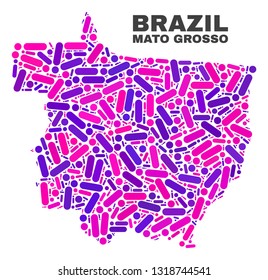Mosaic Mato Grosso State map isolated on a white background. Vector geographic abstraction in pink and violet colors. Mosaic of Mato Grosso State map combined of random circle dots and lines.