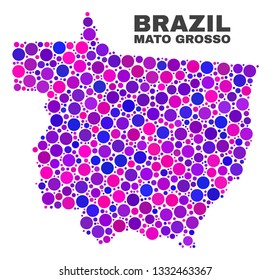 Mosaic Mato Grosso State map isolated on a white background. Vector geographic abstraction in pink and violet colors. Mosaic of Mato Grosso State map combined of scattered circle items.