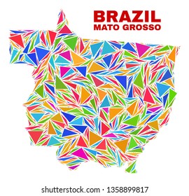 Mosaic Mato Grosso State map of triangles in bright colors isolated on a white background. Triangular collage in shape of Mato Grosso State map. Abstract design for patriotic decoration.