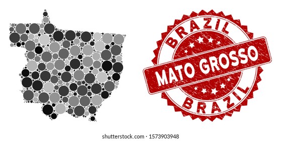 Mosaic Mato Grosso State map and circle seal stamp. Flat vector Mato Grosso State map mosaic of scattered circle elements. Red seal stamp with corroded surface.
