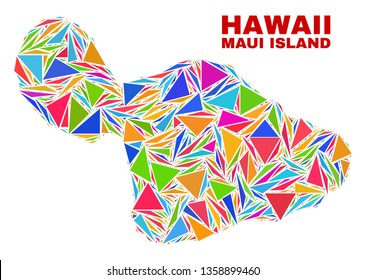 Mosaic Maui Island map of triangles in bright colors isolated on a white background. Triangular collage in shape of Maui Island map. Abstract design for patriotic purposes.