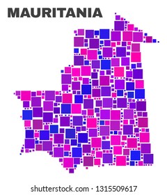 Mosaic Mauritania map isolated on a white background. Vector geographic abstraction in pink and violet colors. Mosaic of Mauritania map combined of scattered square items.