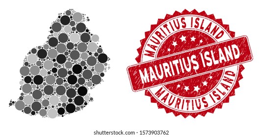 Mosaic Mauritius Island map and circle seal stamp. Flat vector Mauritius Island map mosaic of randomized circle items. Red stamp imprint with scratched design.
