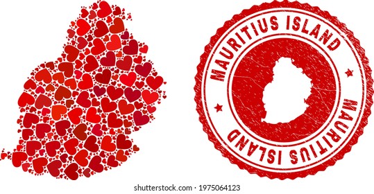 Mosaic Mauritius Island map designed with red love hearts, and rubber stamp. Vector lovely round red rubber stamp imprint with Mauritius Island map inside.