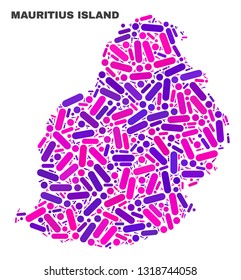 Mosaic Mauritius Island map isolated on a white background. Vector geographic abstraction in pink and violet colors. Mosaic of Mauritius Island map combined of random circle dots and lines.